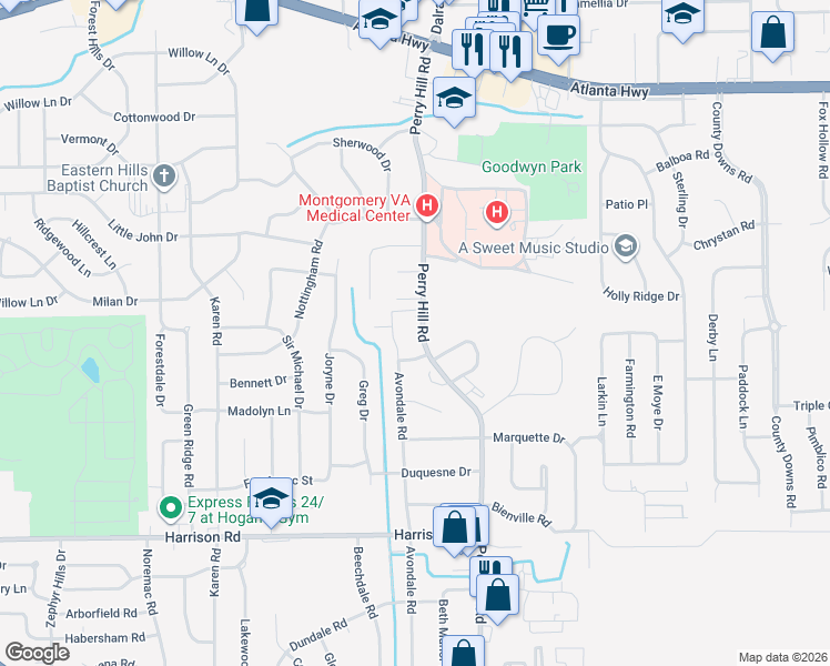 map of restaurants, bars, coffee shops, grocery stores, and more near 3803 Haynes Lane in Montgomery