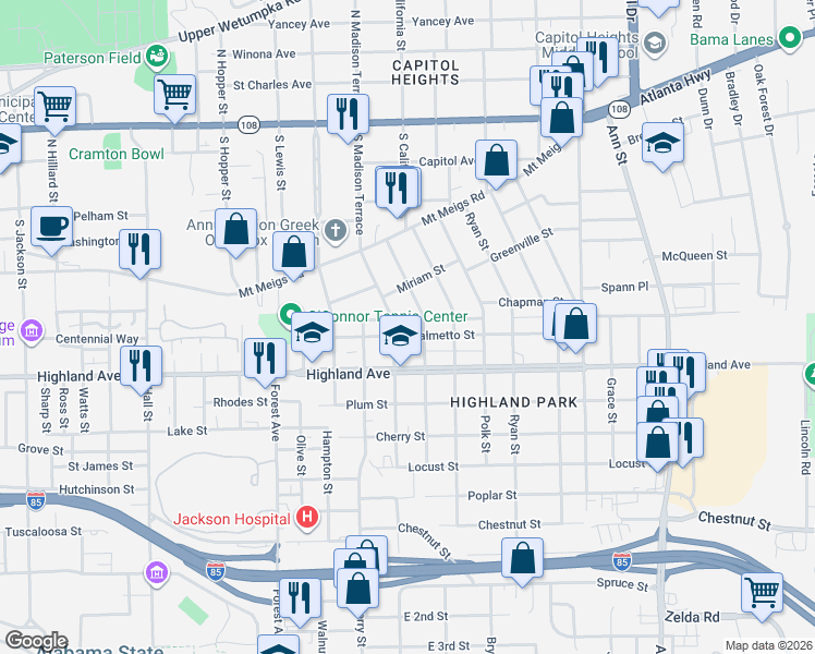 map of restaurants, bars, coffee shops, grocery stores, and more near 609 Boyce Street in Montgomery