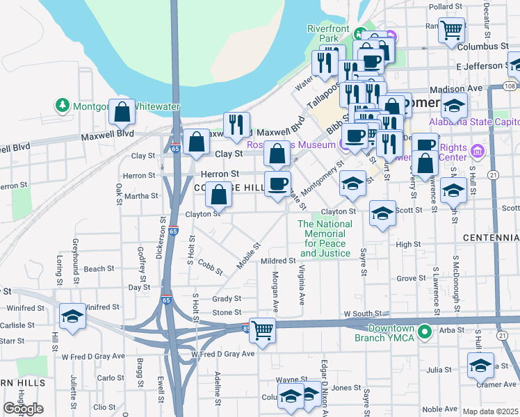 map of restaurants, bars, coffee shops, grocery stores, and more near 501 Clayton Street in Montgomery