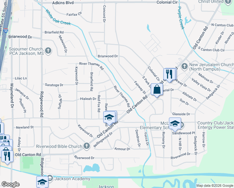 map of restaurants, bars, coffee shops, grocery stores, and more near 5445 Hialeah Drive in Jackson