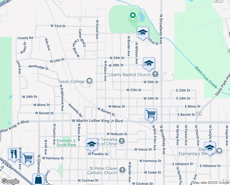 map of restaurants, bars, coffee shops, grocery stores, and more near 712 West 24th Street in Tyler
