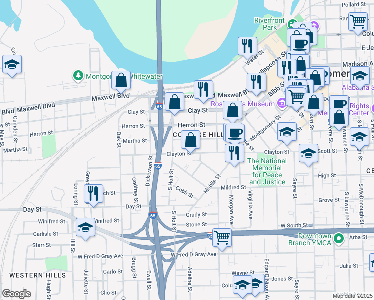 map of restaurants, bars, coffee shops, grocery stores, and more near 616 Clayton Street in Montgomery