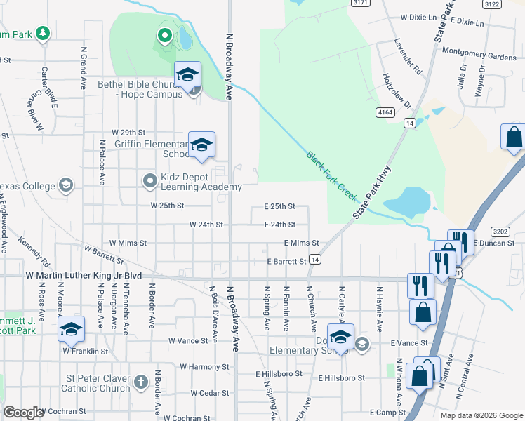map of restaurants, bars, coffee shops, grocery stores, and more near 115 East 25th Street in Tyler
