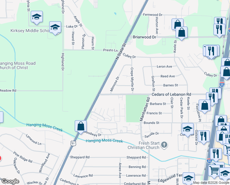 map of restaurants, bars, coffee shops, grocery stores, and more near 5423 Mimosa Drive in Jackson