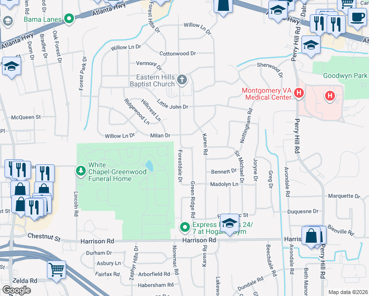 map of restaurants, bars, coffee shops, grocery stores, and more near 3406 Milan Drive in Montgomery
