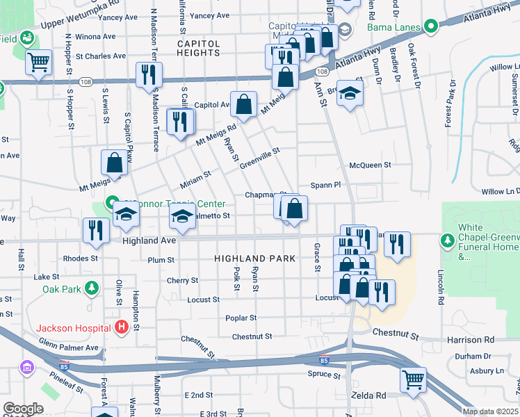 map of restaurants, bars, coffee shops, grocery stores, and more near 449 Ryan Street in Montgomery
