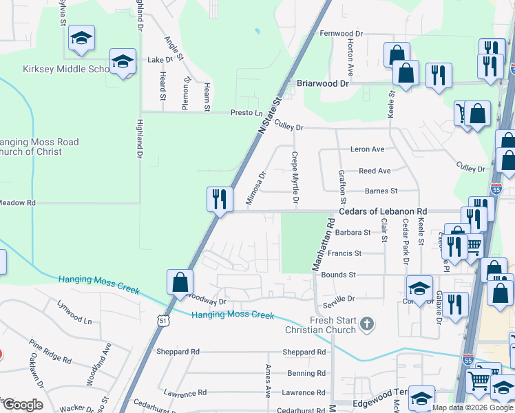map of restaurants, bars, coffee shops, grocery stores, and more near 5423 Mimosa Drive in Jackson