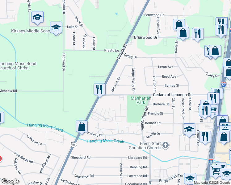map of restaurants, bars, coffee shops, grocery stores, and more near 5423 Mimosa Drive in Jackson