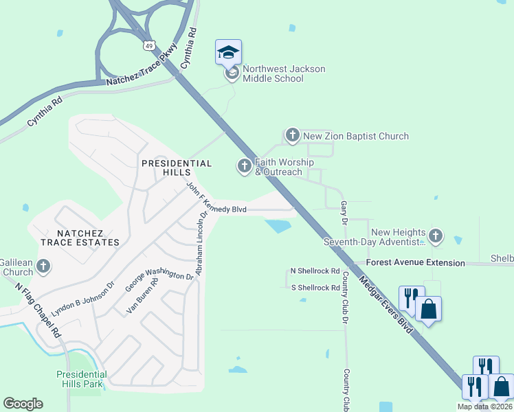 map of restaurants, bars, coffee shops, grocery stores, and more near 3628 John F Kennedy Boulevard in Jackson