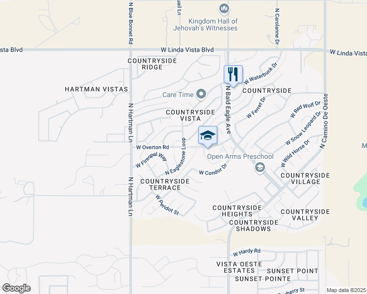 map of restaurants, bars, coffee shops, grocery stores, and more near West Overton Road in Tucson
