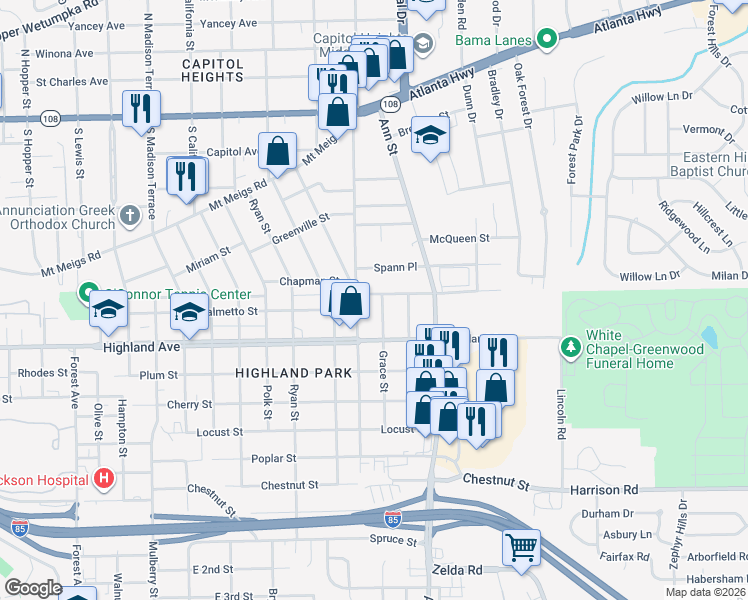 map of restaurants, bars, coffee shops, grocery stores, and more near 2618 Thrasher Street in Montgomery