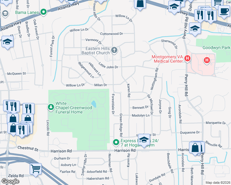 map of restaurants, bars, coffee shops, grocery stores, and more near 3406 Milan Drive in Montgomery