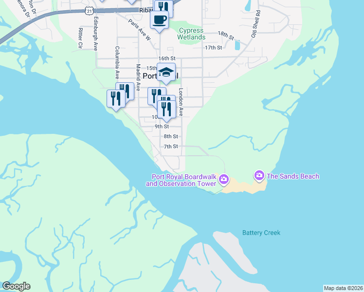map of restaurants, bars, coffee shops, grocery stores, and more near 504 7th Street in Port Royal