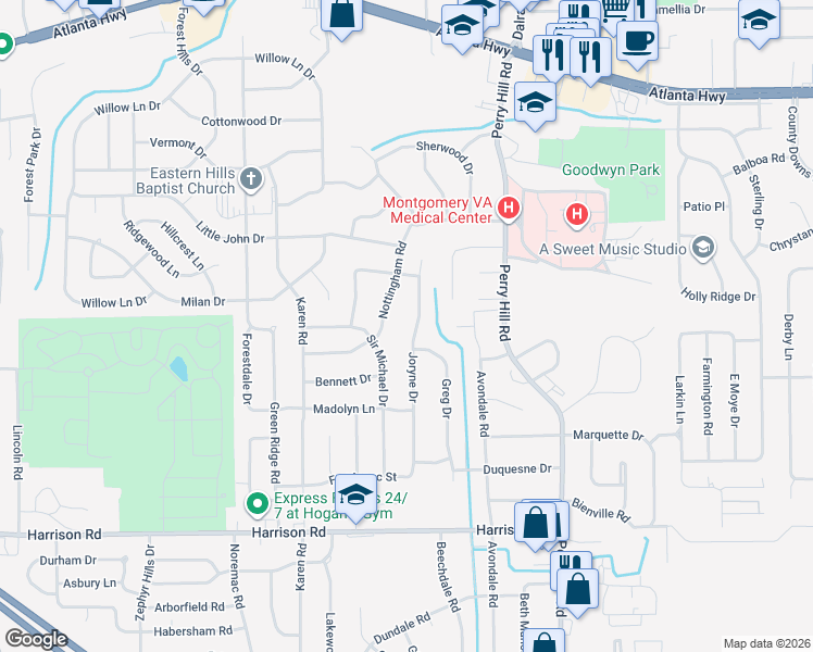 map of restaurants, bars, coffee shops, grocery stores, and more near 650 Joryne Drive in Montgomery