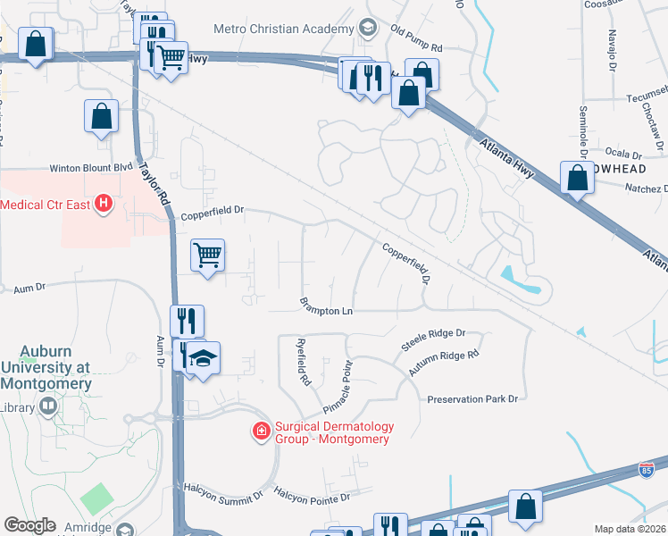 map of restaurants, bars, coffee shops, grocery stores, and more near 7413 Brampton Court in Montgomery