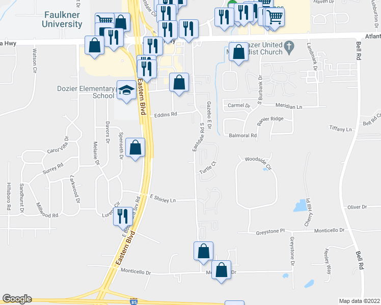 map of restaurants, bars, coffee shops, grocery stores, and more near 402 Eastdale Road South in Montgomery