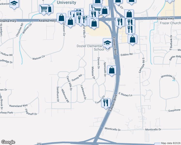 map of restaurants, bars, coffee shops, grocery stores, and more near 326 Melanie Drive in Montgomery
