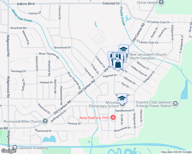 map of restaurants, bars, coffee shops, grocery stores, and more near 104 South Park Drive in Jackson