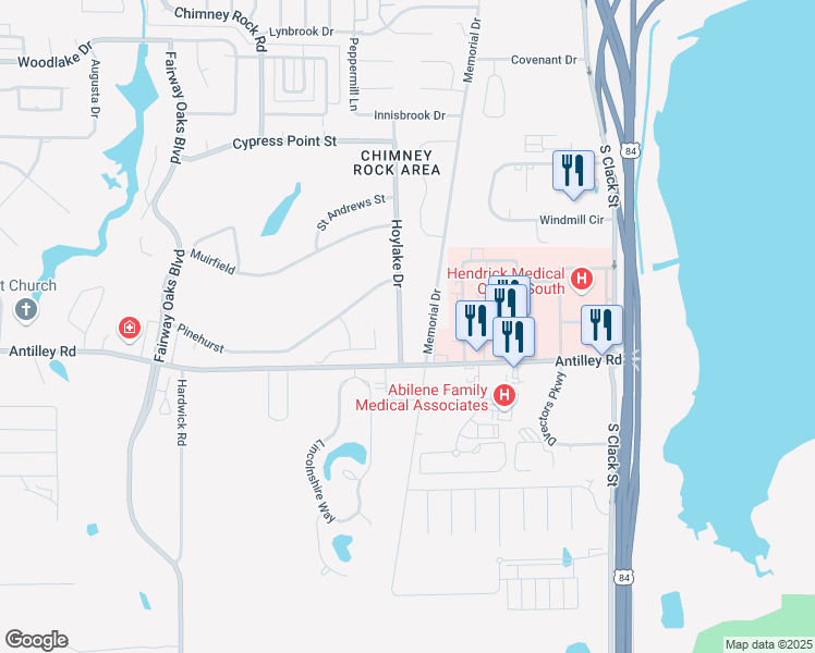 map of restaurants, bars, coffee shops, grocery stores, and more near 47 Hoylake Drive in Abilene
