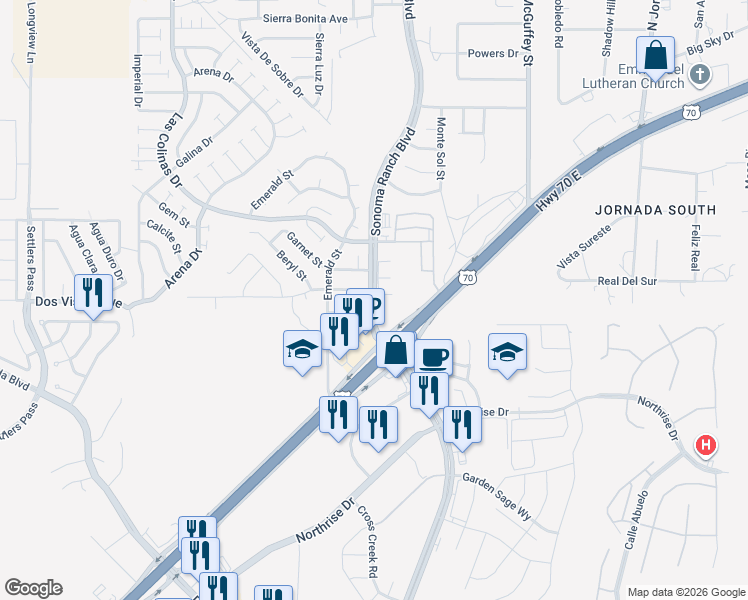 map of restaurants, bars, coffee shops, grocery stores, and more near 3854 Van Ess Court in Las Cruces