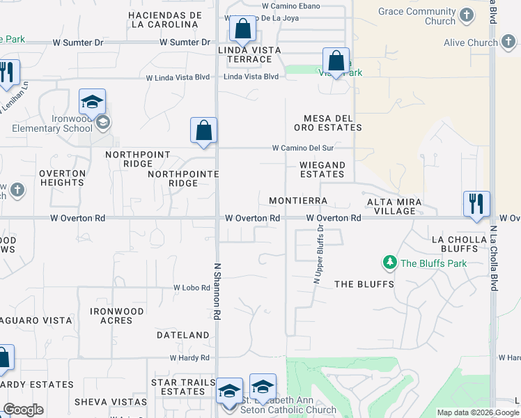 map of restaurants, bars, coffee shops, grocery stores, and more near 9250 North Kanawha Street in Tucson