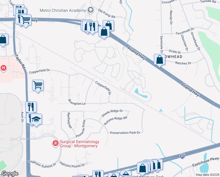 map of restaurants, bars, coffee shops, grocery stores, and more near 7817 Copperfield Drive in Montgomery