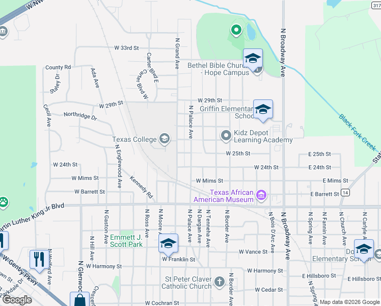 map of restaurants, bars, coffee shops, grocery stores, and more near 819 West 25th Street in Tyler