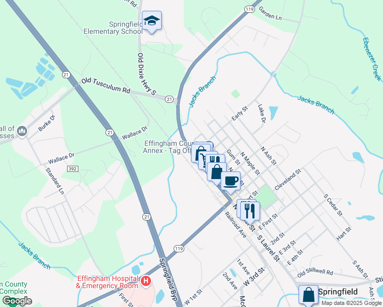 map of restaurants, bars, coffee shops, grocery stores, and more near 601 North Laurel Street in Springfield