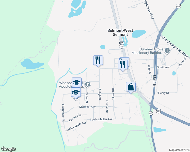 map of restaurants, bars, coffee shops, grocery stores, and more near 2308-2310 South High Street in Selma