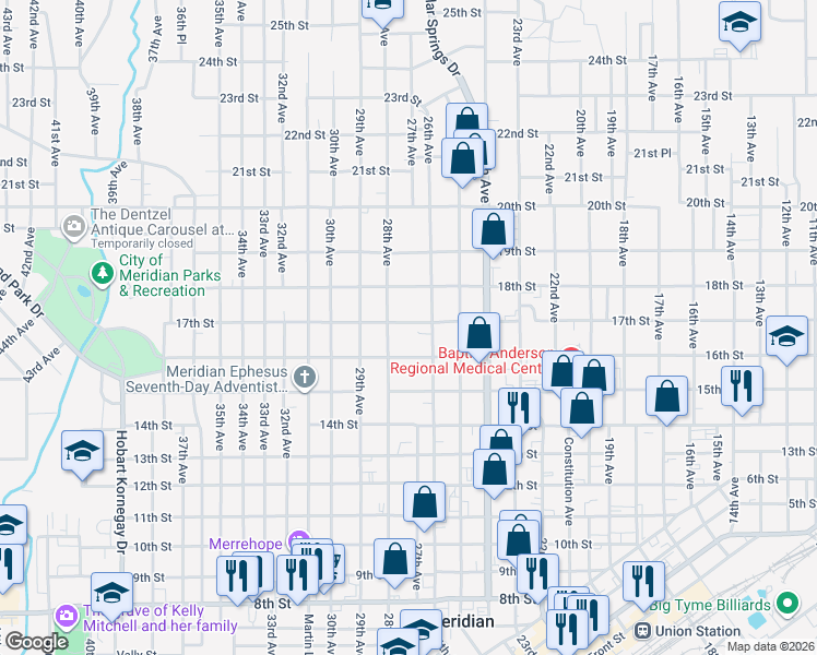 map of restaurants, bars, coffee shops, grocery stores, and more near 2616 17th Street in Meridian
