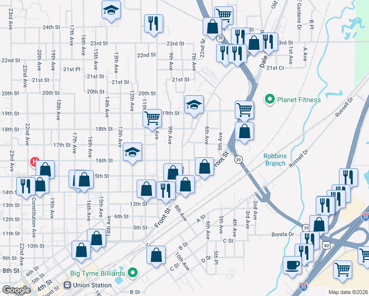 map of restaurants, bars, coffee shops, grocery stores, and more near 1630 Old Marion Road in Meridian