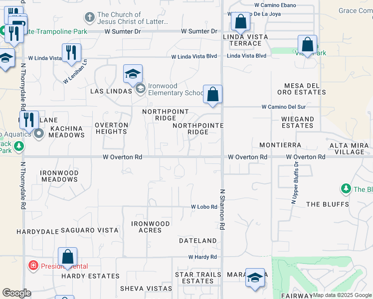 map of restaurants, bars, coffee shops, grocery stores, and more near 9225 North Hampshire Drive in Tucson