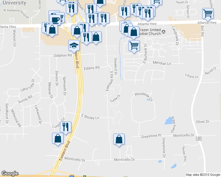 map of restaurants, bars, coffee shops, grocery stores, and more near Turtle Place in Montgomery