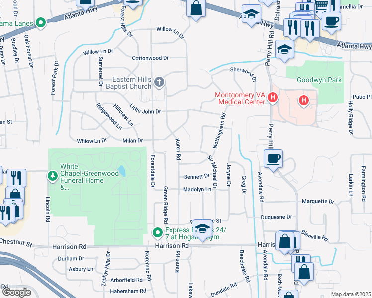 map of restaurants, bars, coffee shops, grocery stores, and more near 3609 Sir Michael Drive in Montgomery