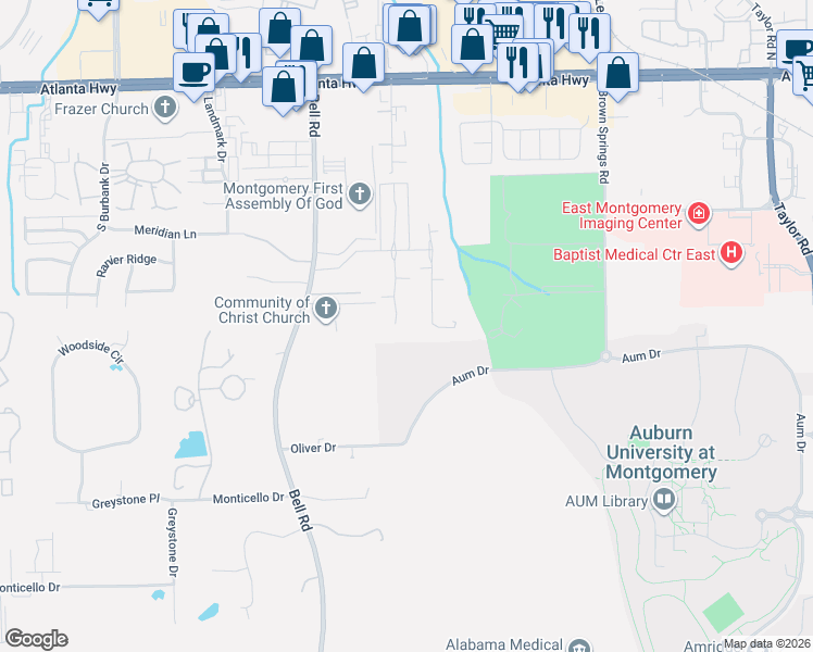 map of restaurants, bars, coffee shops, grocery stores, and more near 242 Charleston Court South in Montgomery