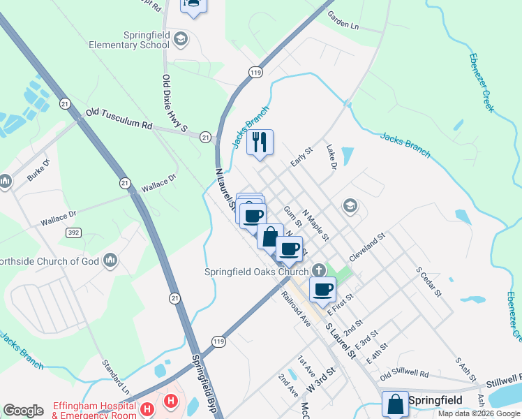 map of restaurants, bars, coffee shops, grocery stores, and more near 901 North Pine Street in Springfield