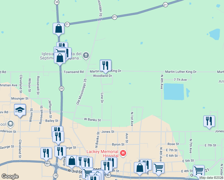 map of restaurants, bars, coffee shops, grocery stores, and more near 271 Woodland Drive in Forest