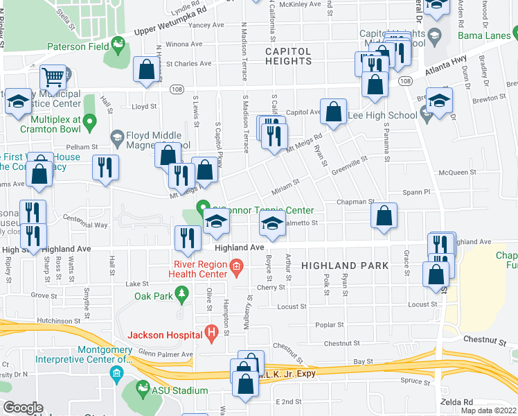 map of restaurants, bars, coffee shops, grocery stores, and more near 1736 Miriam Street in Montgomery