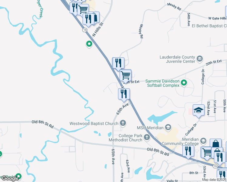 map of restaurants, bars, coffee shops, grocery stores, and more near 1719 Mississippi 19 in Meridian