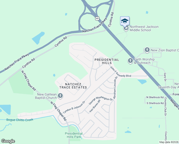 map of restaurants, bars, coffee shops, grocery stores, and more near 6676 Presidential Drive in Jackson