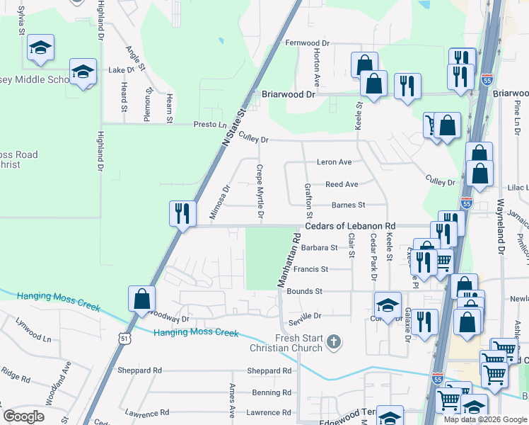 map of restaurants, bars, coffee shops, grocery stores, and more near 5424 Crepe Myrtle Drive in Jackson