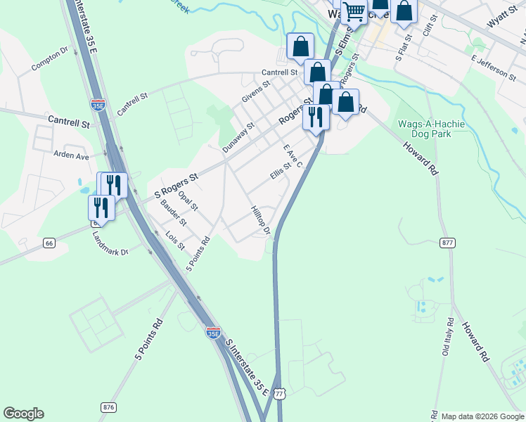 map of restaurants, bars, coffee shops, grocery stores, and more near 205 North Meadowview Drive in Waxahachie