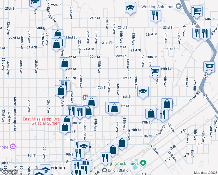 map of restaurants, bars, coffee shops, grocery stores, and more near 1700 17th Street in Meridian