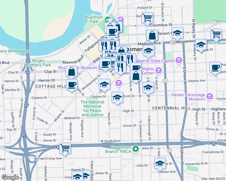 map of restaurants, bars, coffee shops, grocery stores, and more near 1 Church Street in Montgomery