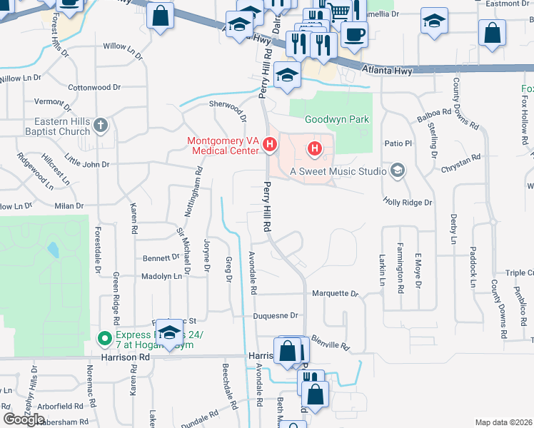 map of restaurants, bars, coffee shops, grocery stores, and more near 3828 Hudson Court in Montgomery