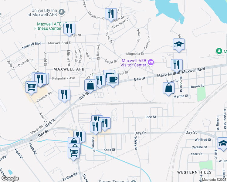 map of restaurants, bars, coffee shops, grocery stores, and more near 1961 Bell Street in Montgomery