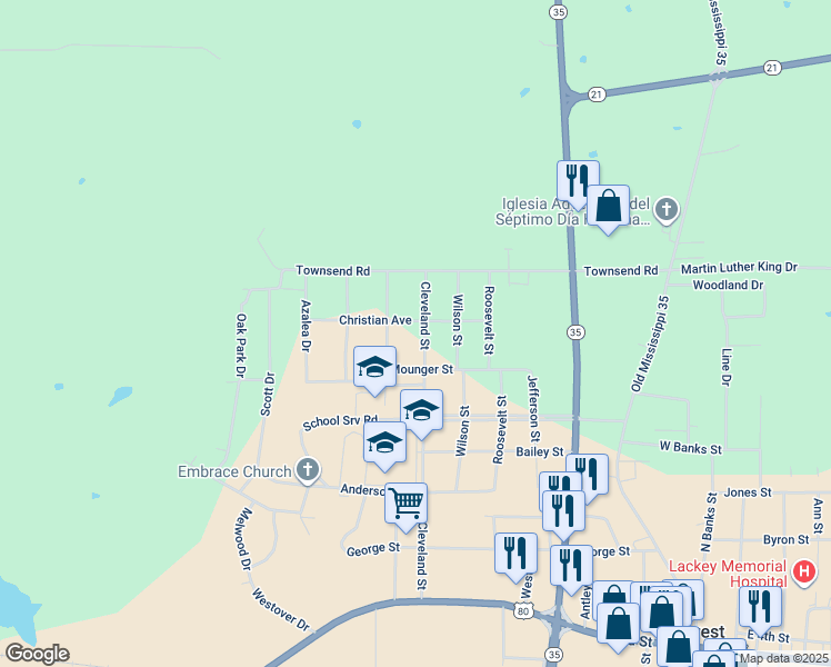 map of restaurants, bars, coffee shops, grocery stores, and more near 723 Cleveland Street in Forest