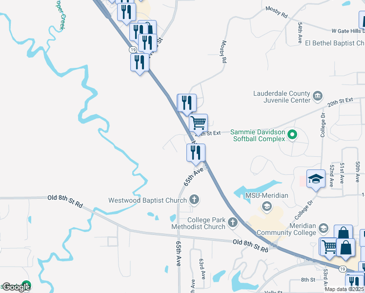 map of restaurants, bars, coffee shops, grocery stores, and more near 1719 Mississippi 19 in Meridian