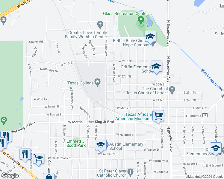 map of restaurants, bars, coffee shops, grocery stores, and more near 819 West 25th Street in Tyler
