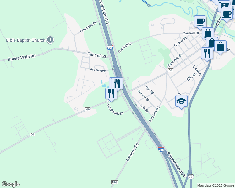 map of restaurants, bars, coffee shops, grocery stores, and more near 701 S Ih 35 E # 3 in Waxahachie